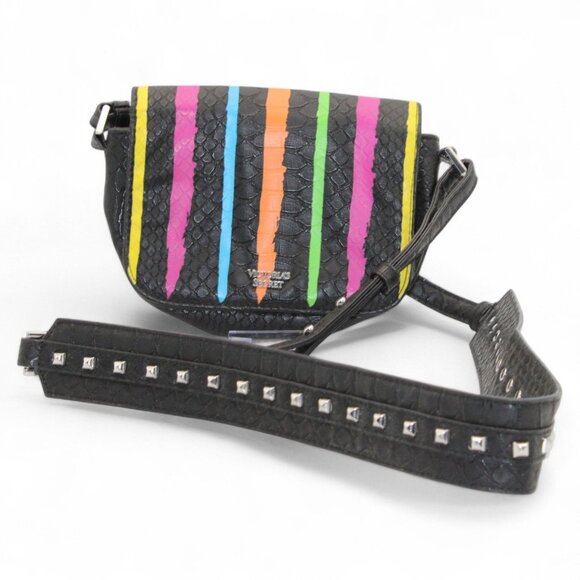 Victorias Secret Crossbody Bag Rainbow Stripe Black Faux Crocodile Studded Strap - Picture 1 of 5
